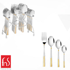 FNS premium cutlery set with gold accents shown in stand and separately with logo on white background.