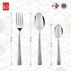 Cutlery set fork and spoons with hammered handles, showing length measurements and guarantee icons.