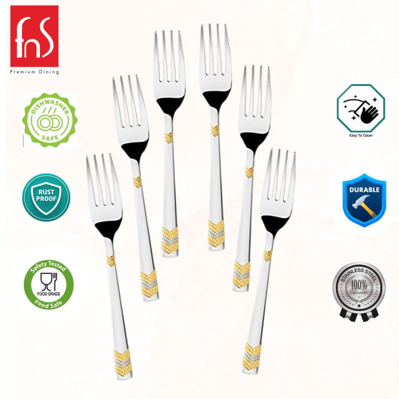 Eight silver forks with gold details, fns branding and quality certification badges