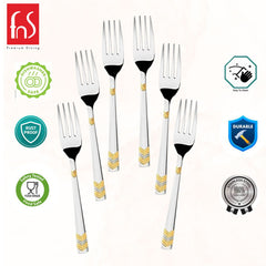 Eight silver forks with gold details, fns branding and quality certification badges