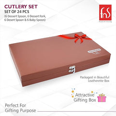 Elegant brown leatherette box with red ribbon graphic, perfect for gifting the premium cutlery set.
