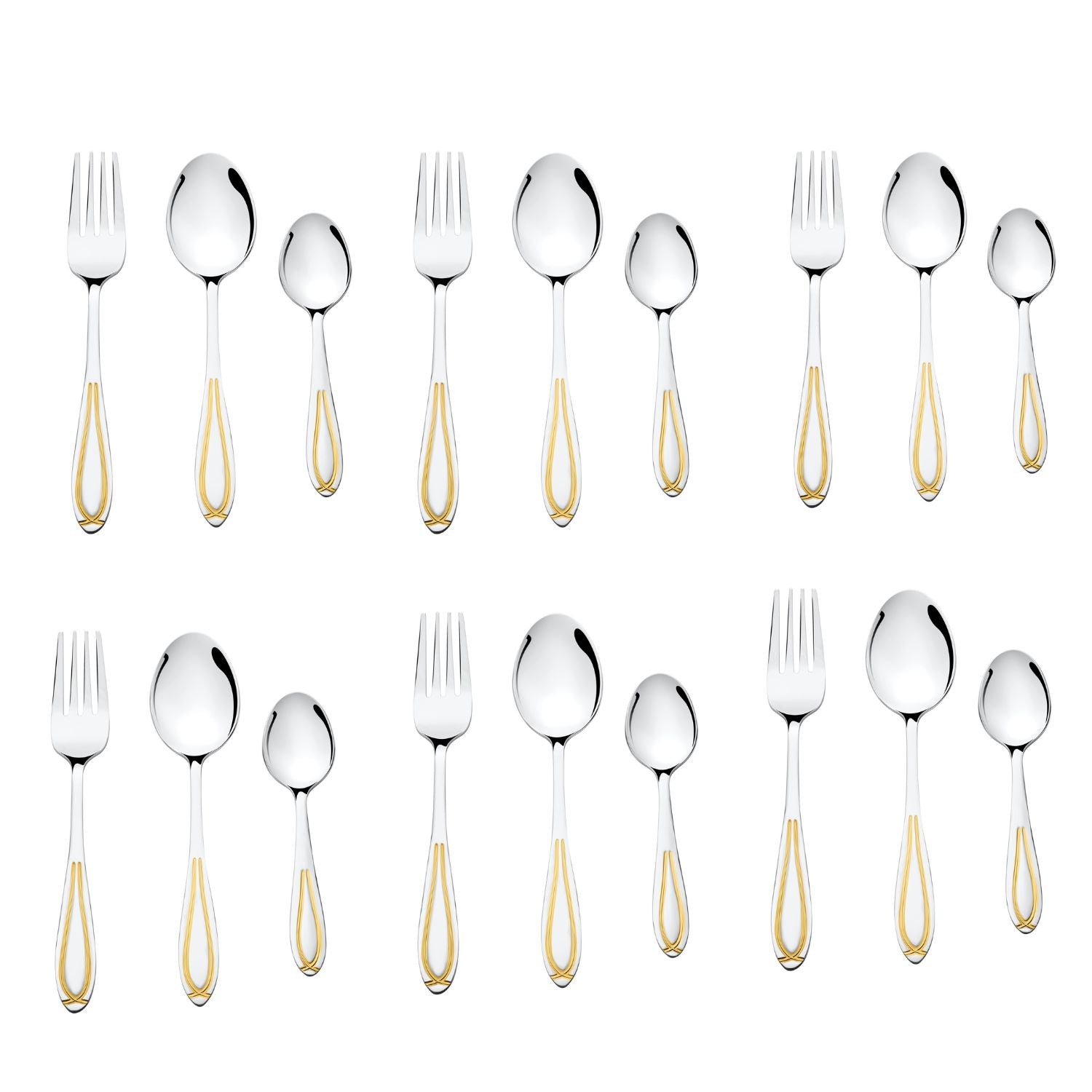 Eighteen-piece stainless steel flatware set with gold-accented handles including forks, spoons in three sizes arranged in two rows