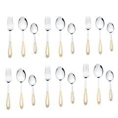 Eighteen-piece stainless steel flatware set with gold-accented handles including forks, spoons in three sizes arranged in two rows