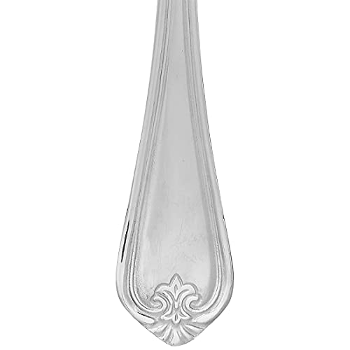 Detailed close-up of stainless steel cutlery handle featuring elegant floral pattern and polished finish.