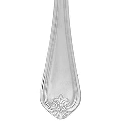 Detailed close-up of stainless steel cutlery handle featuring elegant floral pattern and polished finish.