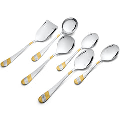 Elegant six-piece serving cutlery set with gold-accented handles arranged diagonally on white background.
