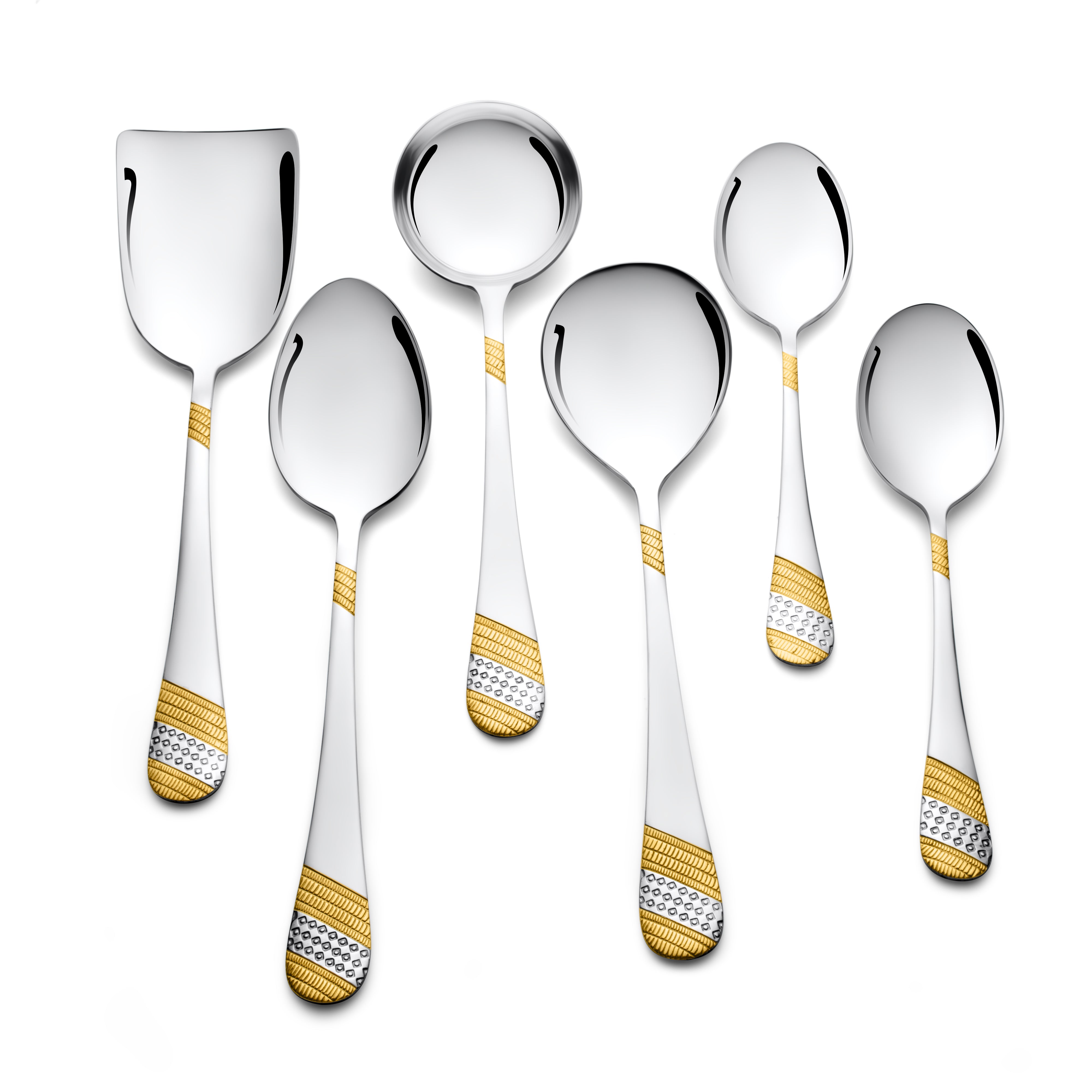 Six-piece serving spoon set with gold-silver engraved handles displayed upright on clean white background.