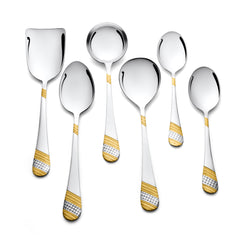 Six-piece serving spoon set with gold-silver engraved handles displayed upright on clean white background.