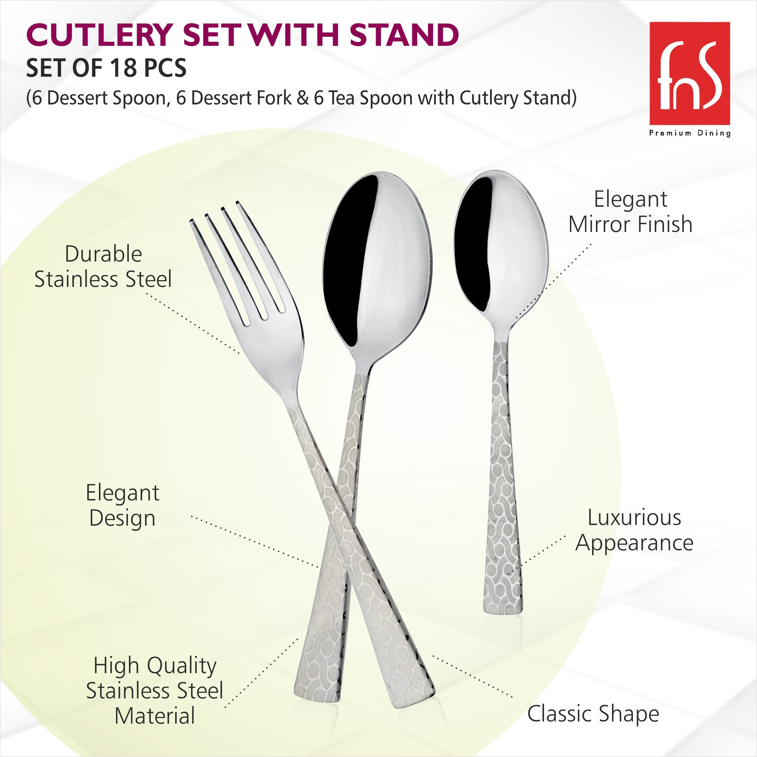 Three utensils labeled with benefits like elegant design, mirror finish, stainless steel, and classic appearance.