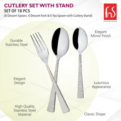 Three utensils labeled with benefits like elegant design, mirror finish, stainless steel, and classic appearance.