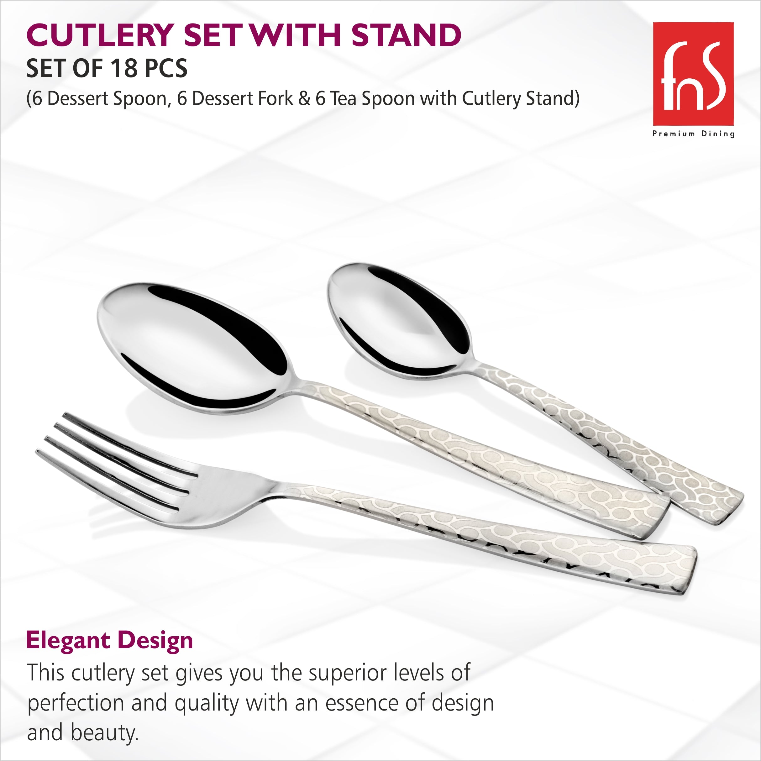 Three-piece cutlery close-up with textured handles described as elegant, stylish, and of premium quality.