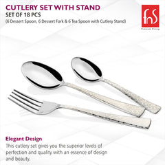 Three-piece cutlery close-up with textured handles described as elegant, stylish, and of premium quality.