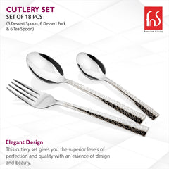 Polished fork and two spoons with textured handles displayed on clean background with design description.