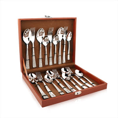 18-piece FNS cutlery set in a brown gift box, neatly arranged with forks and spoons.
