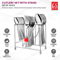 Stainless steel cutlery set in stand with icons highlighting features like durability, dishwasher safety, and gifting.