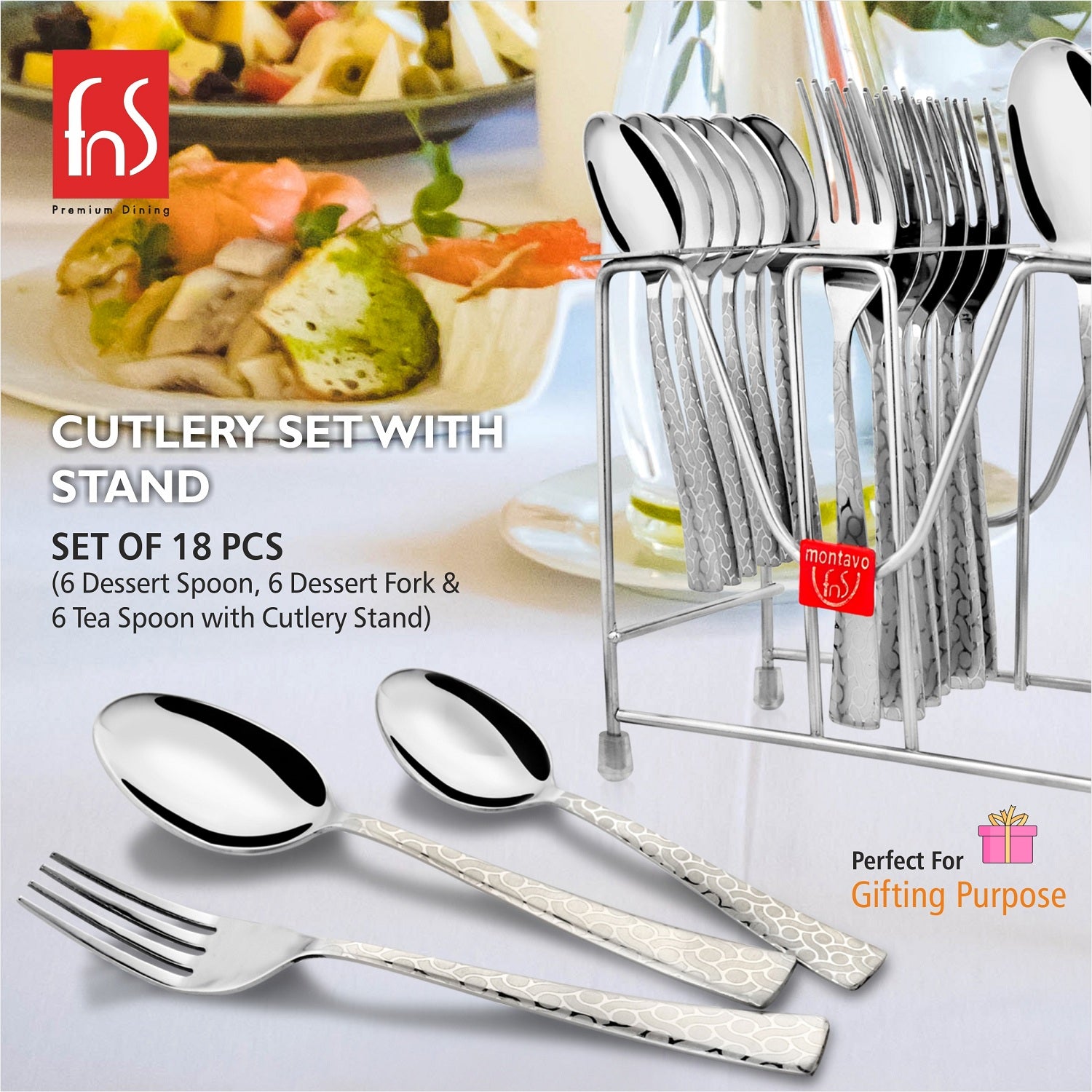 Cutlery set and individual pieces displayed near plated meal, emphasizing premium look and gifting purpose.