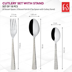 Fork, dessert spoon, and tea spoon shown with individual measurements and widths labeled for customer clarity.
