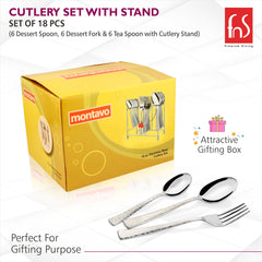 Yellow MONTAVO box showcasing 18-piece cutlery set with spoons, fork, and stand for gifting use.