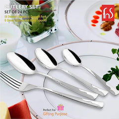 FNS 24-piece cutlery set with elegant spoons and forks, ideal for gifting and dining.