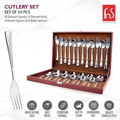 Open leatherette box displaying neatly arranged 24-piece stainless steel cutlery set, rust-proof and dishwasher safe.