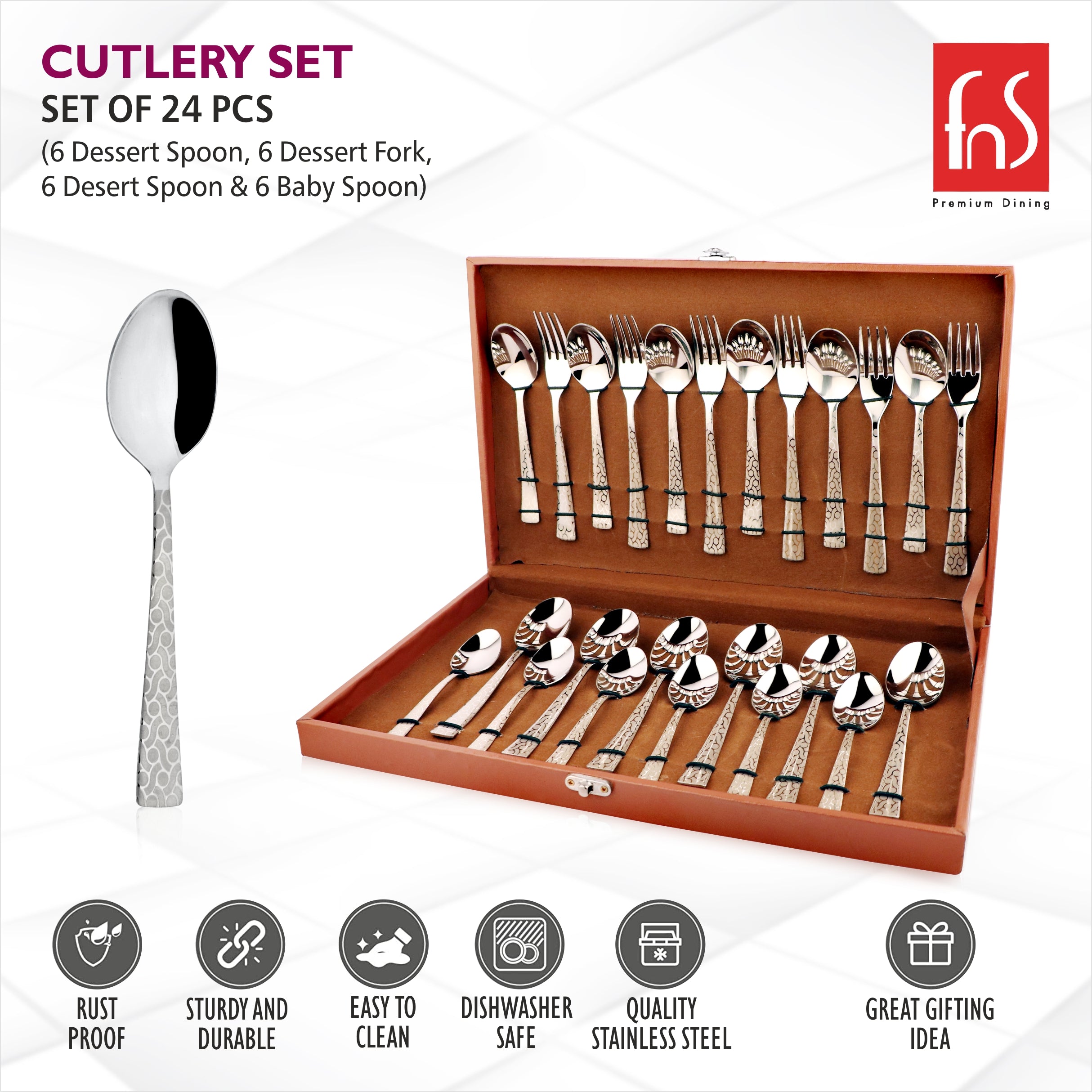 24-piece cutlery set in a box with icons showing product benefits.