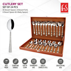 24-piece cutlery set in a box with icons showing product benefits.