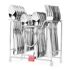Complete stainless steel Montavo cutlery set organized in metal stand, featuring spoons and forks.