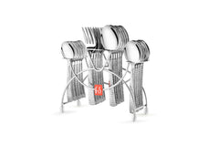 Hammered-handle stainless steel cutlery set displayed in a stand against a clean white background.