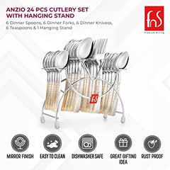 Side angle of Anzio 24-piece hanging cutlery set displaying gold-embossed knife, fork, and spoon handles.