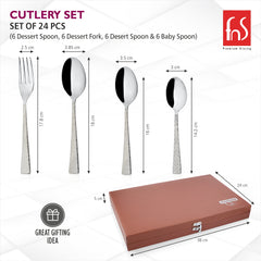 Cutlery items with measurements and boxed set dimensions shown.