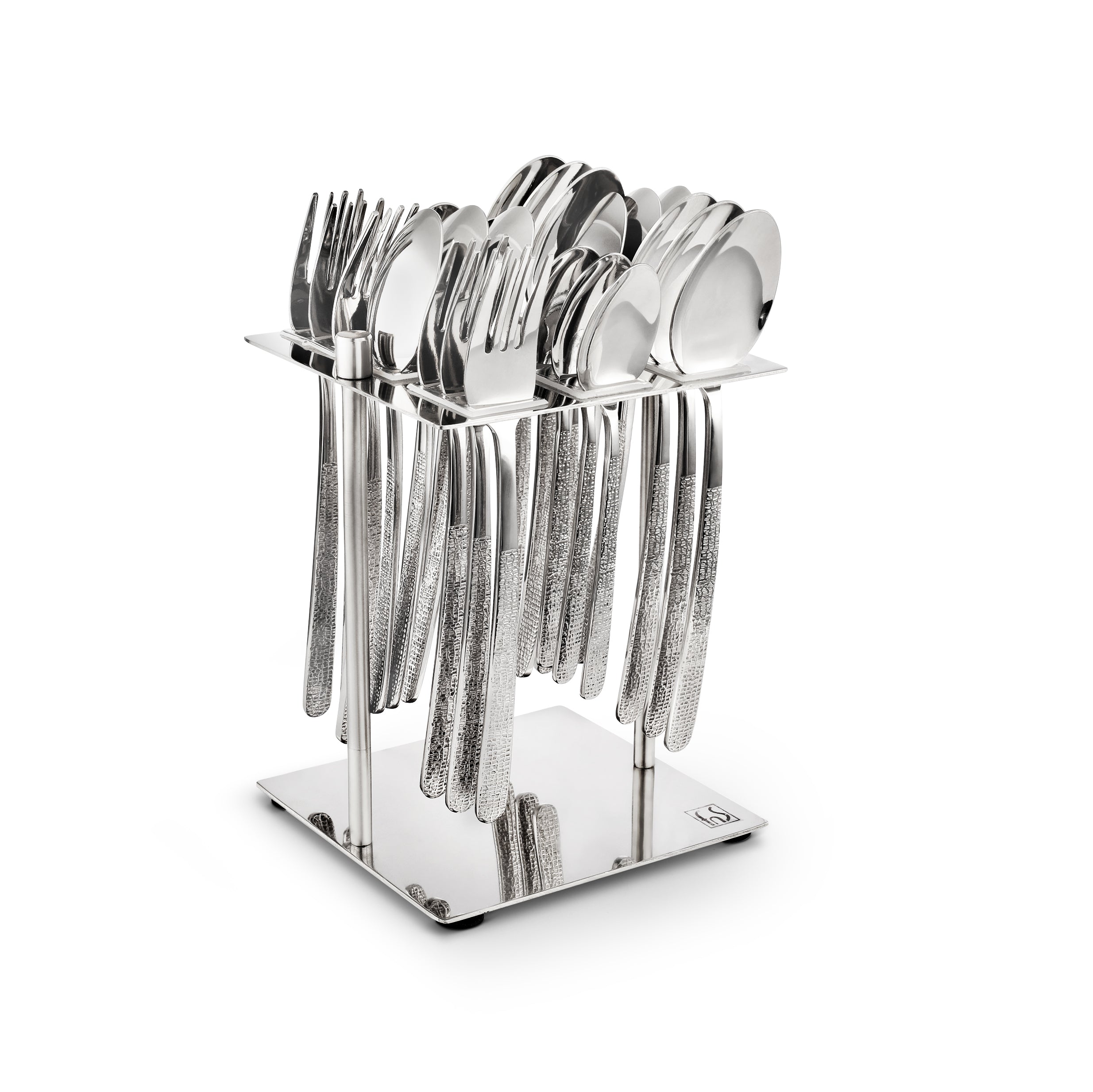 Stainless steel cutlery set with dimple-textured handles, organized upright on sleek square metallic stand.
