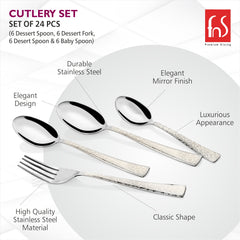 Stainless steel cutlery set with labeled features like durability, finish, and design.