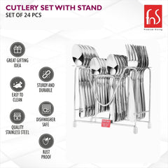 24-piece stainless steel cutlery set organized in metal stand; durable, dishwasher safe, rust proof.