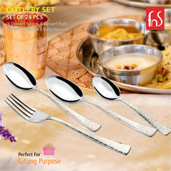 Four elegant FNS cutlery pieces displayed in front of traditional Indian meal, highlighting gifting purpose.
