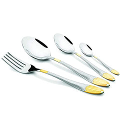 Glossy silver cutlery set with textured handles and golden tips arranged neatly on white background.