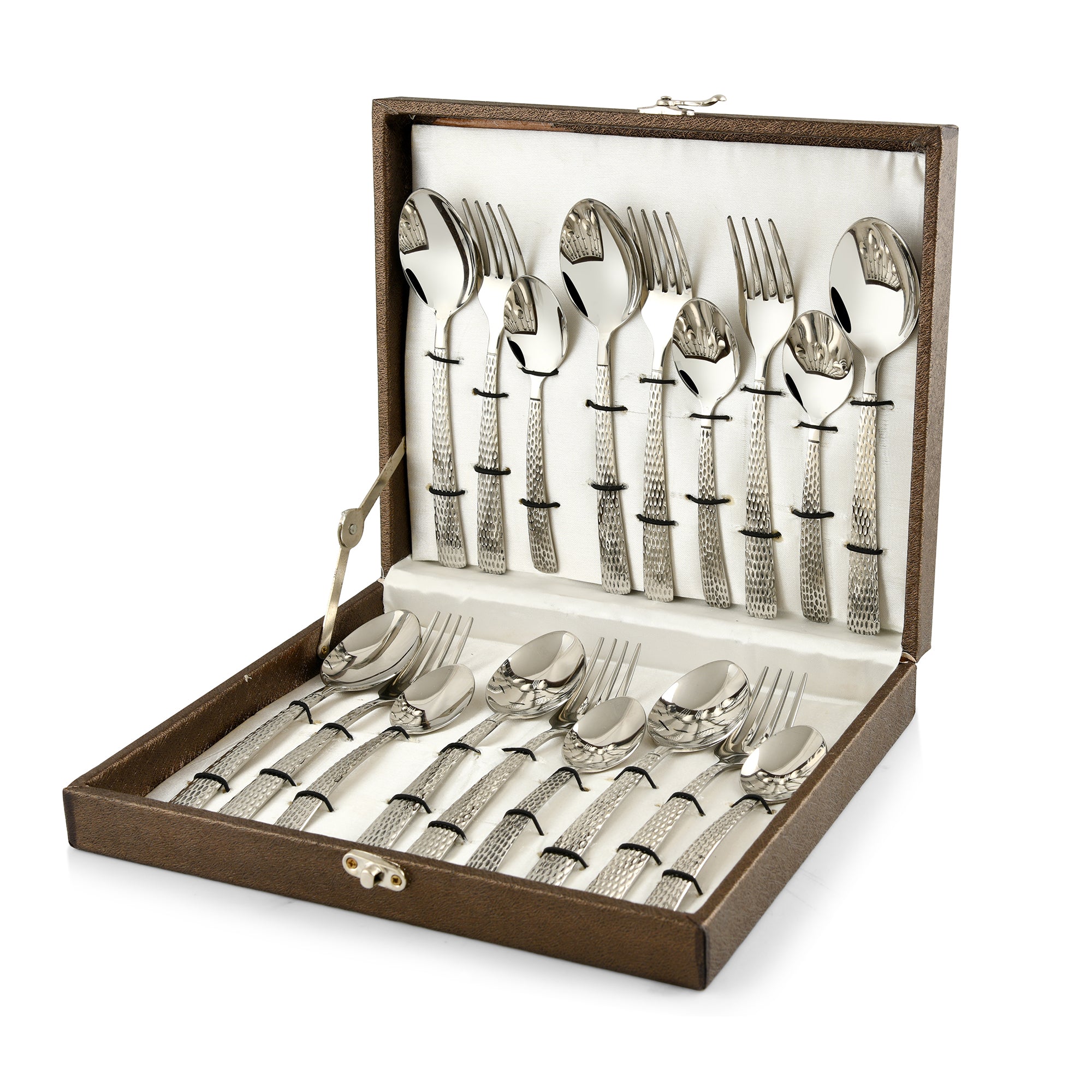Open brown cutlery box displaying organized stainless steel forks and spoons with textured hammered handles.