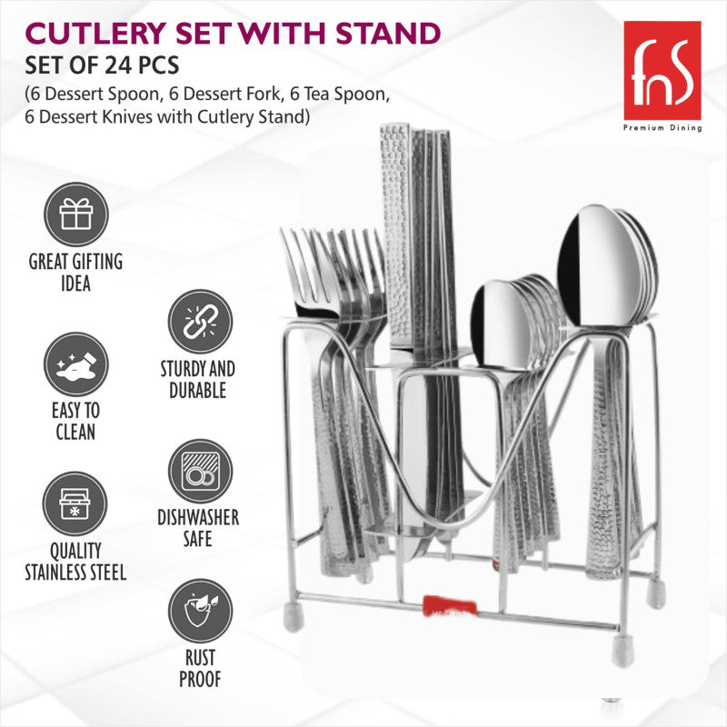 24-piece stainless steel cutlery set with stand, labeled features include durability, dishwasher safety, rustproof quality.