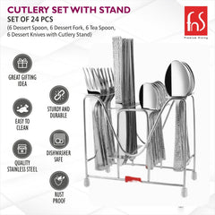24-piece stainless steel cutlery set with stand, labeled features include durability, dishwasher safety, rustproof quality.
