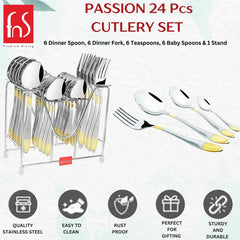 Promotional cutlery set image showing utensils, holder, and icons for features like rust-proof and durability.