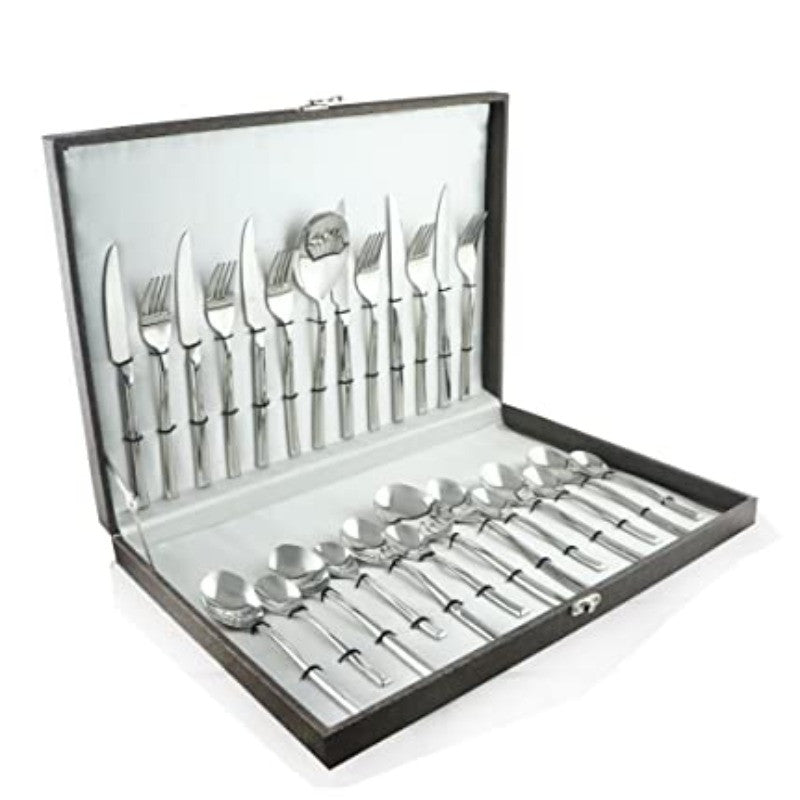 Complete 24-piece stainless steel cutlery set neatly organized in an open black presentation storage case.
