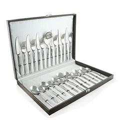 Complete 24-piece stainless steel cutlery set neatly organized in an open black presentation storage case.