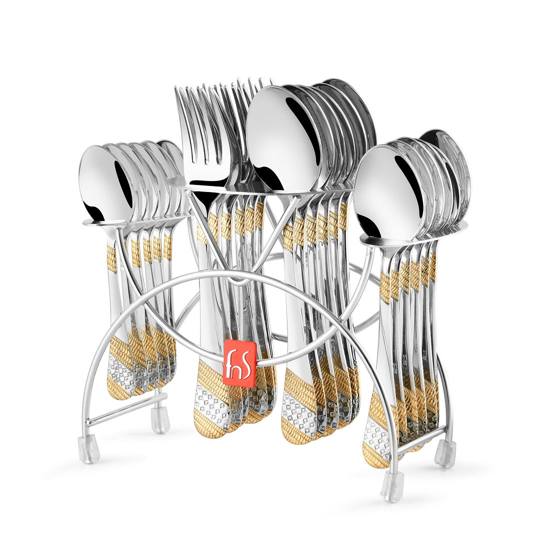 Elegant silver and gold cutlery set neatly arranged in a steel stand with FNS branding.