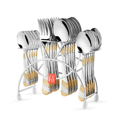 Elegant silver and gold cutlery set neatly arranged in a steel stand with FNS branding.
