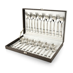 Elegant silver cutlery set in a textured brown storage box with white velvet-lined interior.