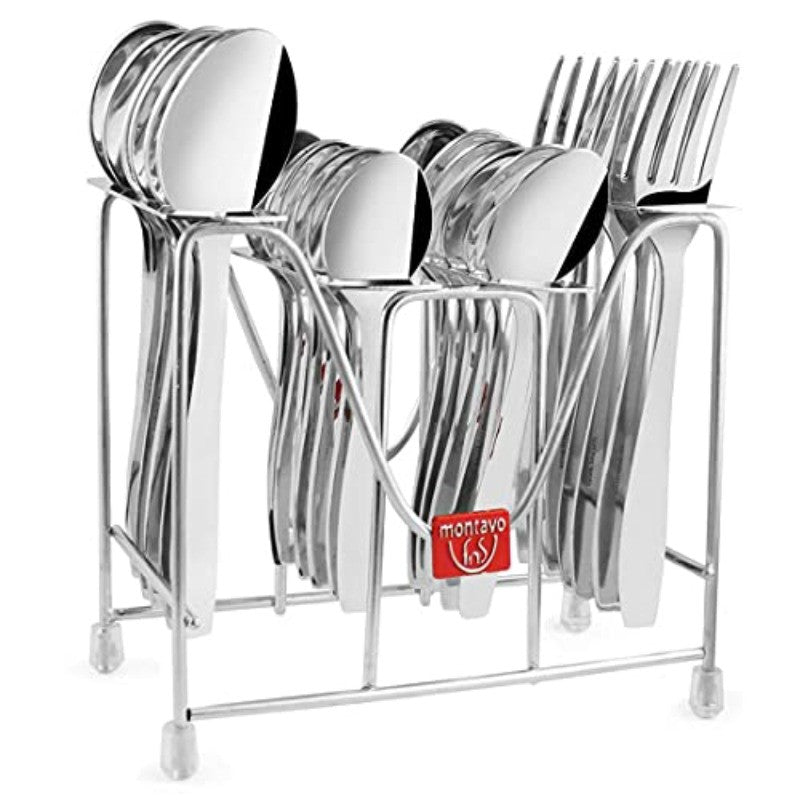 Complete stainless steel cutlery set organized in a sleek metal stand labeled with Montalvo branding.
