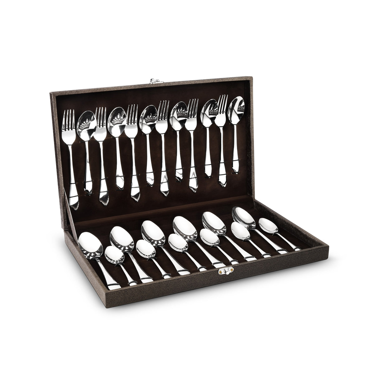 Elegant cutlery set with forks and spoons neatly arranged inside an open brown presentation case.