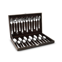 Elegant cutlery set with forks and spoons neatly arranged inside an open brown presentation case.