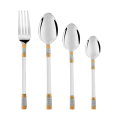 Fork, spoons aligned vertically showcasing elegant two-tone embossed handles on clean white background.