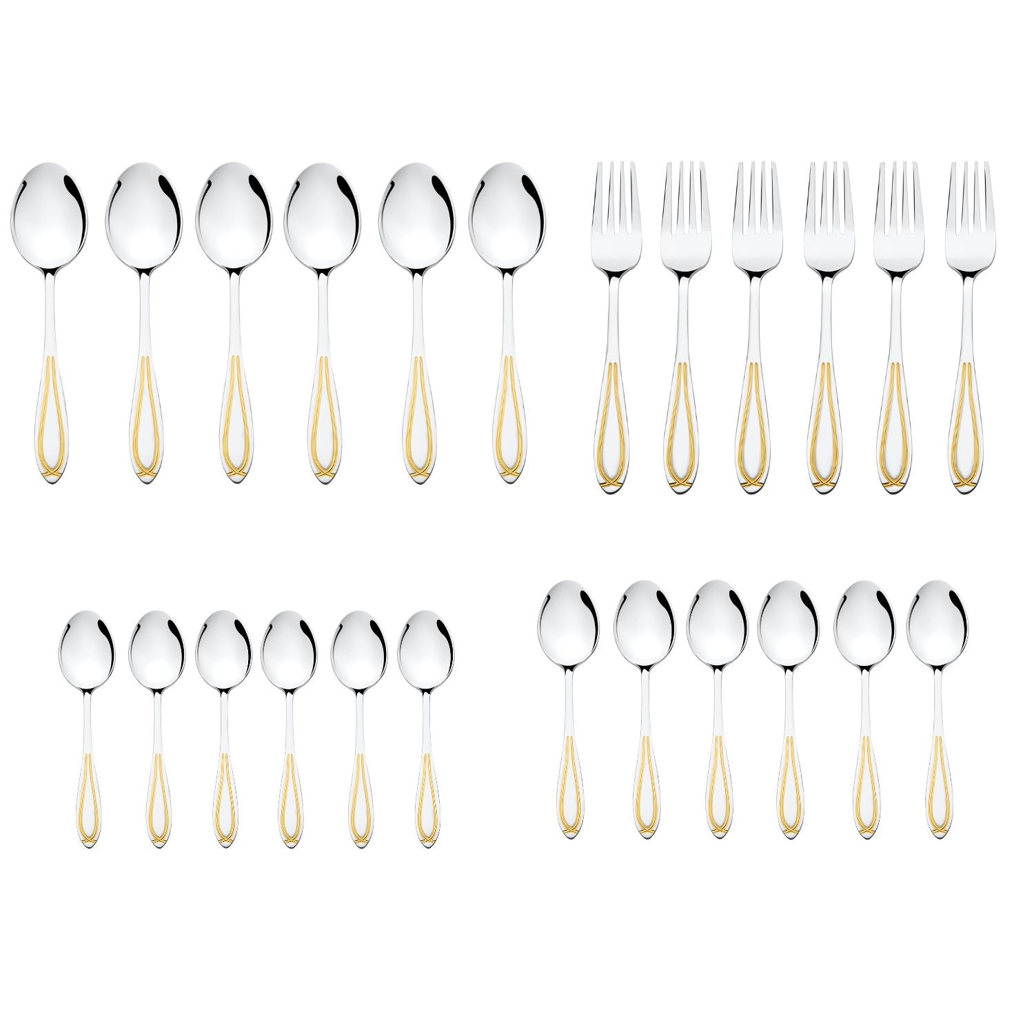 Premium dining utensils with 24-karat gold plated handles showcasing product features: durable steel, mirror finish, dishwasher safe