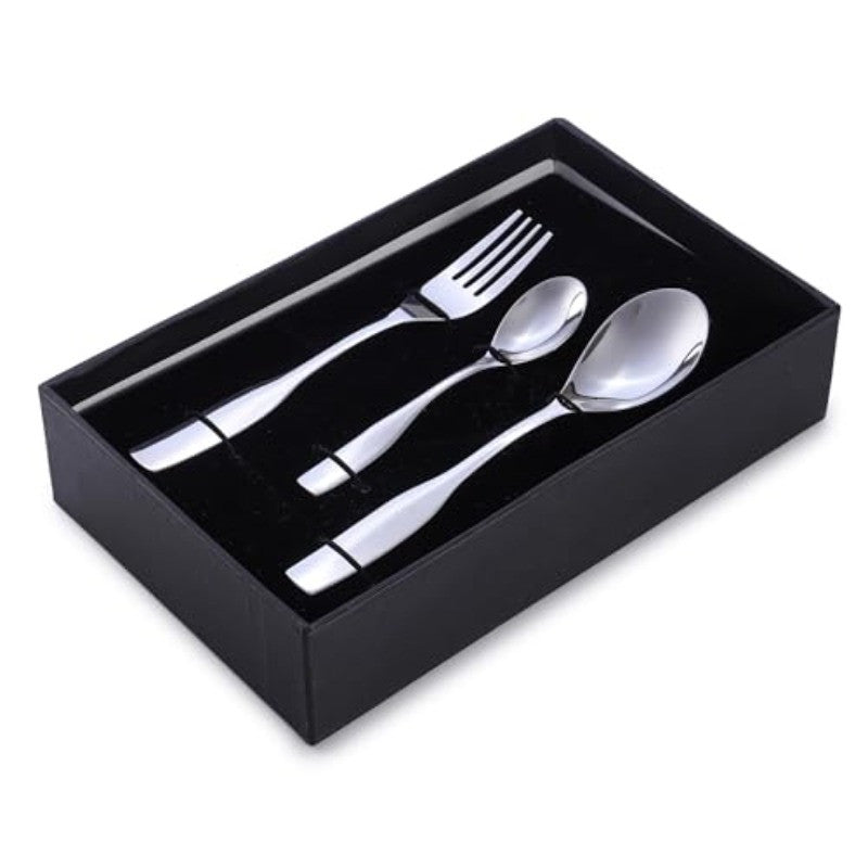 Three-piece stainless steel cutlery set placed neatly in black presentation box with a fitted insert.